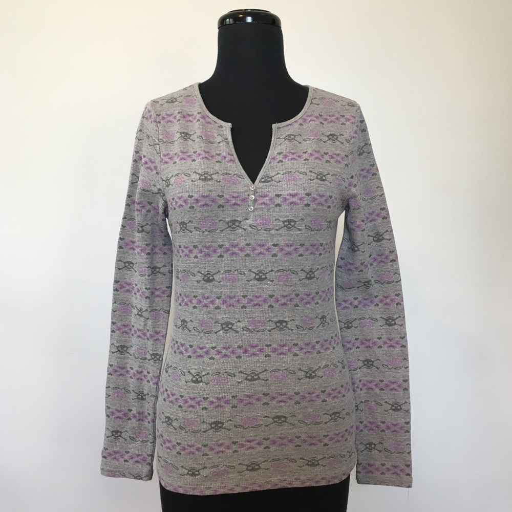 VTG 90s Bugle Boy Jrs. Skull and Roses Waffle Top, L